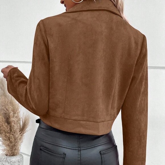 Coffee Brown Casual Women's Lapel Collar Zipper Crop Jacket - Picture 2 of 8